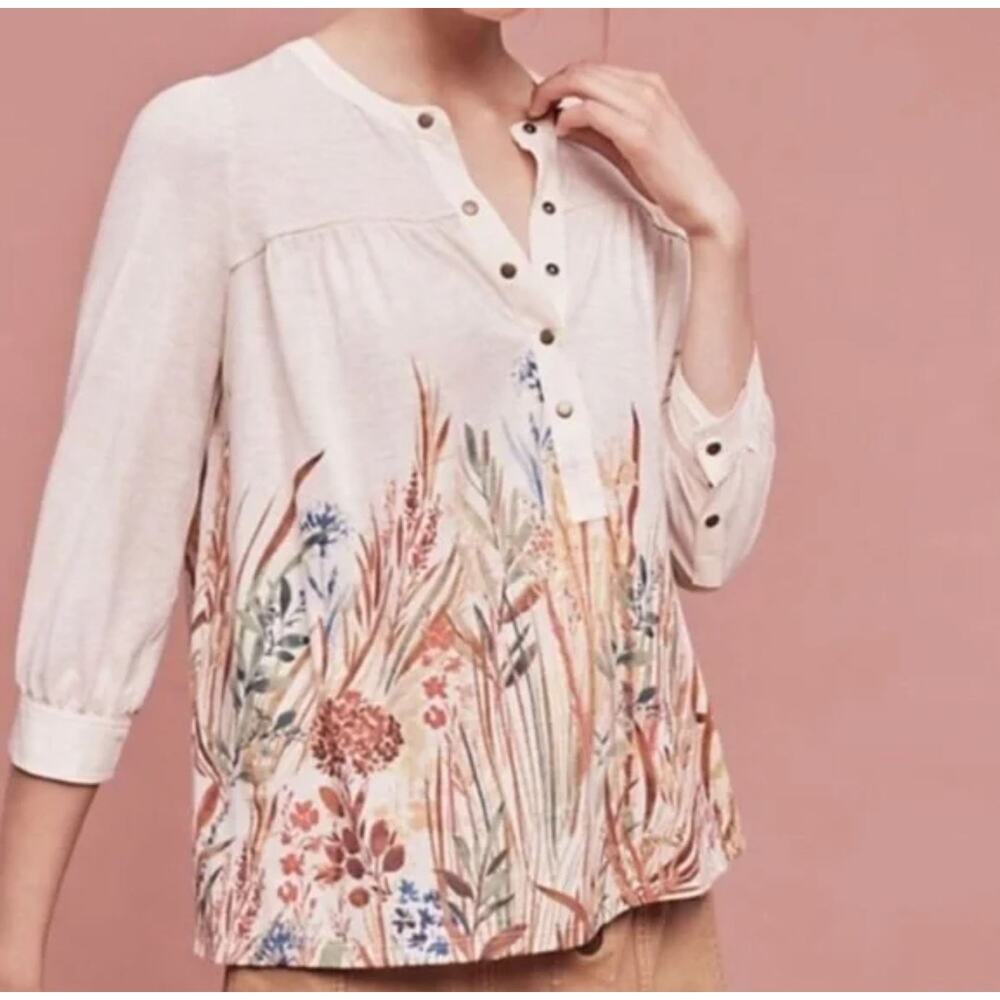 Anthropologie Postmark Boho Floral Henley Blouse XS Cream Floral 3/4 Sleeve